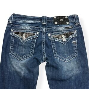 Miss Me Women's Size 27 Blue Denim Jeans Boot Cut Distress Flap JP5189B2